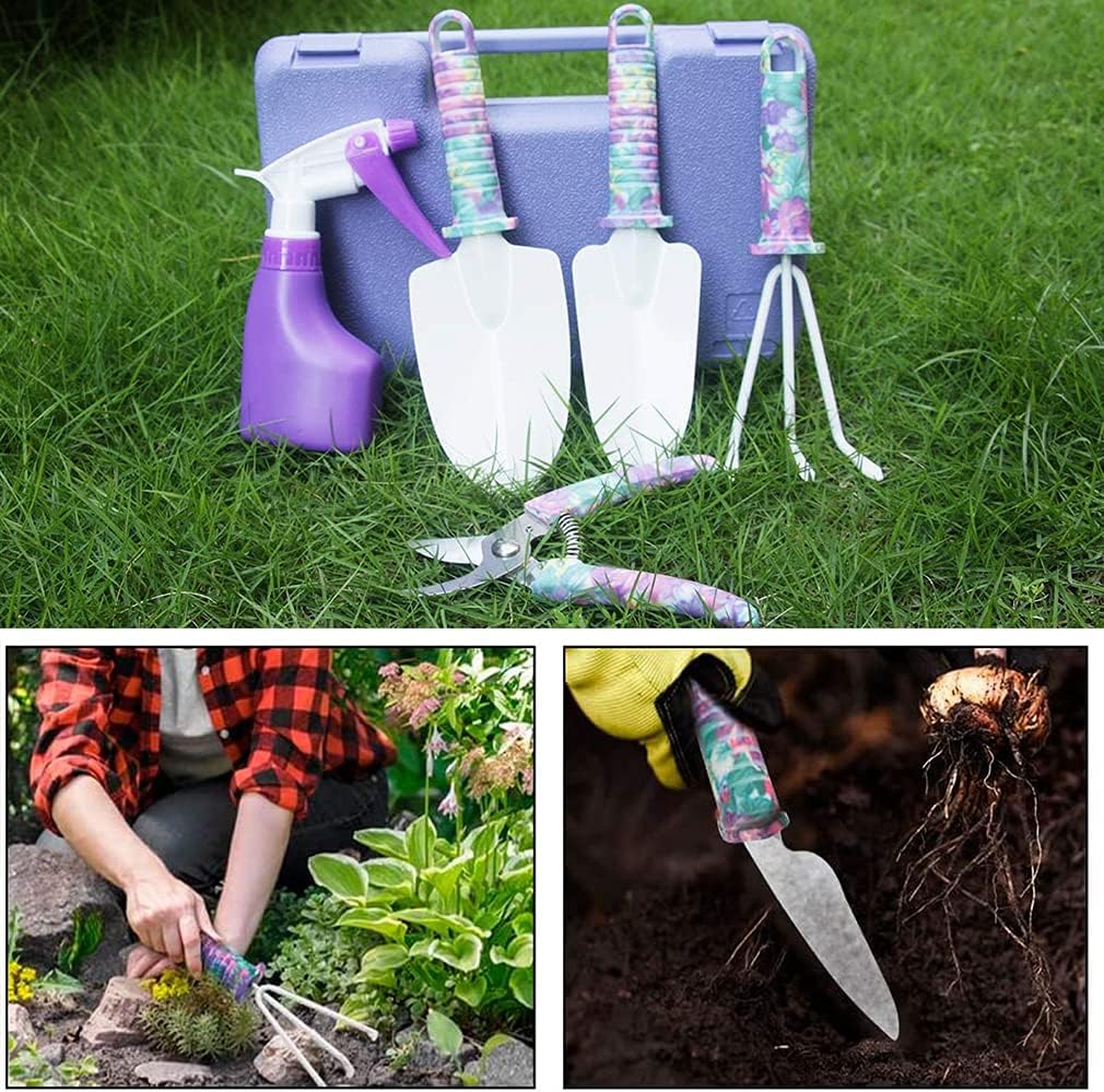 Gardening Tools, 10 Pieces Garden Tools with Floral Print, Ergonomic Handle Trowel Rake Weeder Pruner Shears Sprayer,Gardening Supplies with Carrying Case Gifts for Women