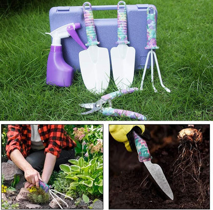 Gardening Tools, 10 Pieces Garden Tools with Floral Print, Ergonomic Handle Trowel Rake Weeder Pruner Shears Sprayer,Gardening Supplies with Carrying Case Gifts for Women