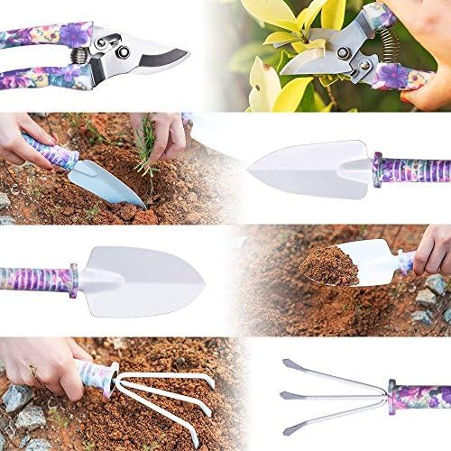 Gardening Tools, 10 Pieces Garden Tools with Floral Print, Ergonomic Handle Trowel Rake Weeder Pruner Shears Sprayer,Gardening Supplies with Carrying Case Gifts for Women