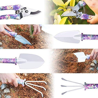 Gardening Tools, 10 Pieces Garden Tools with Floral Print, Ergonomic Handle Trowel Rake Weeder Pruner Shears Sprayer,Gardening Supplies with Carrying Case Gifts for Women