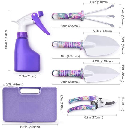 Gardening Tools, 10 Pieces Garden Tools with Floral Print, Ergonomic Handle Trowel Rake Weeder Pruner Shears Sprayer,Gardening Supplies with Carrying Case Gifts for Women