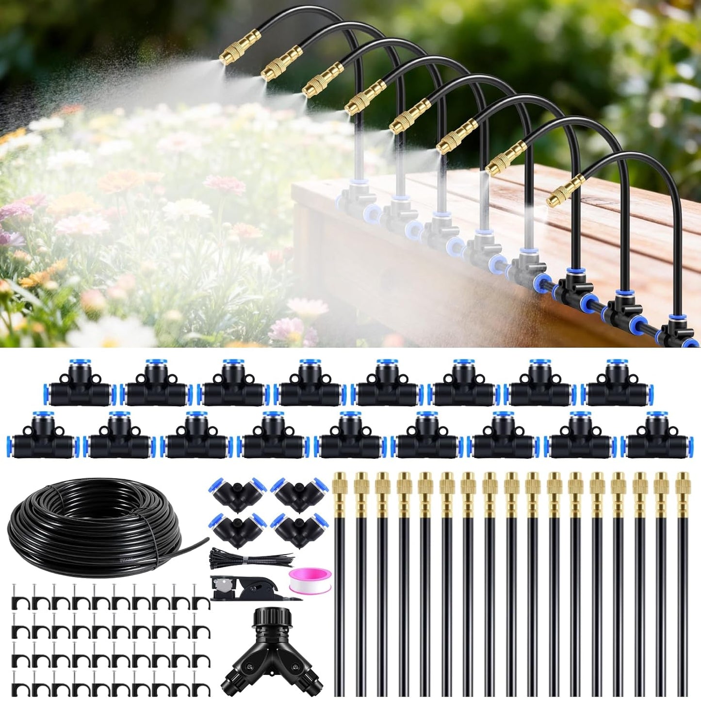 Drip Irrigation System 100FT 1/4" (17PCS Nozzles) for Garden, 83 PCS Leak-Proof Garden Watering System, 360° Adjustable Automatic Plant Water Kit for Raised Beds, Greenhouse, Lawn, Patio, Yard