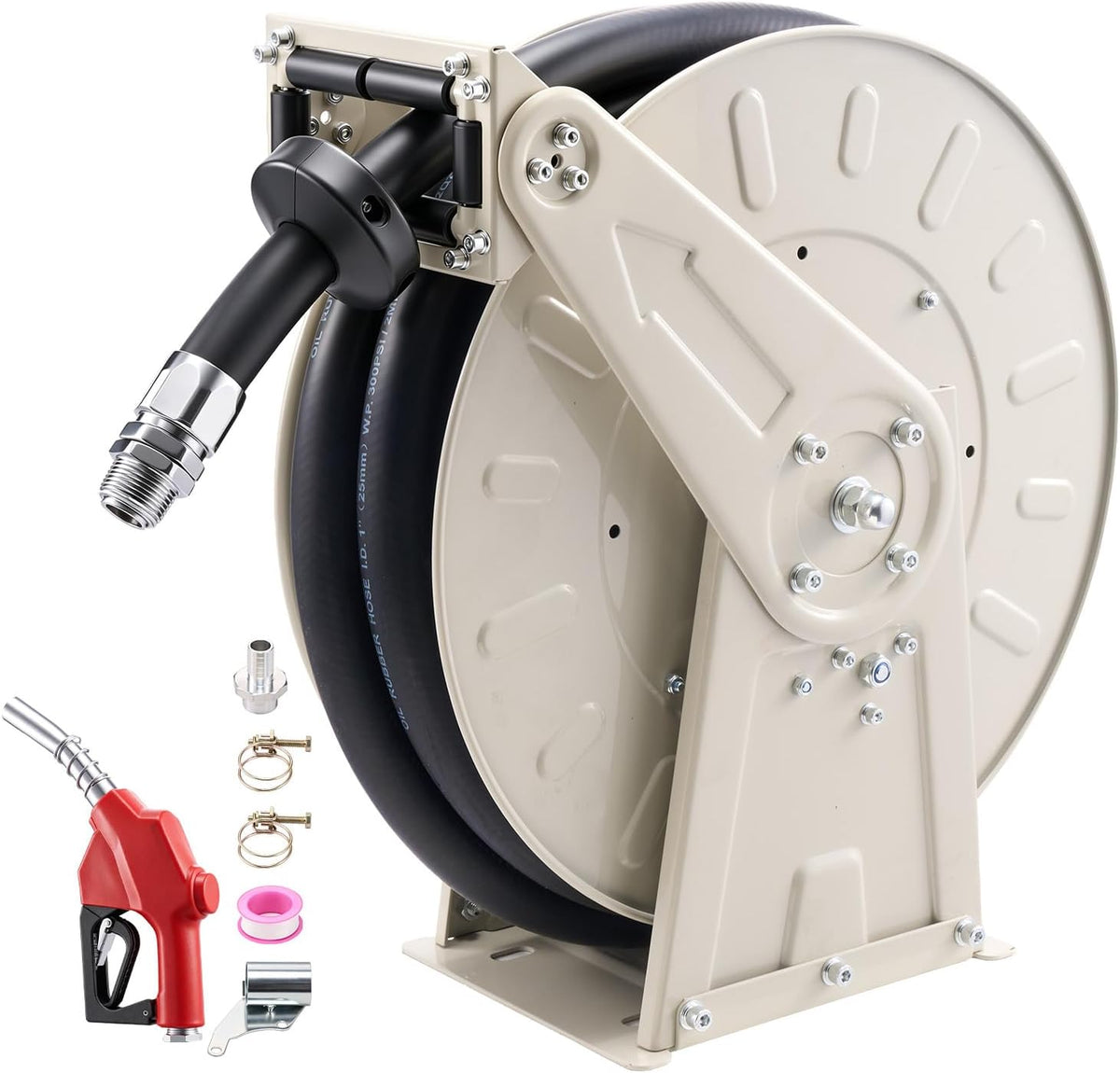 Fuel Hose Reel, 1" x 33', Extra Long Retractable Diesel Hose Reel, Heavy-Duty Carbon Steel Construction with Automatic Fuel Nozzle, NBR Rubber Hose for Aircraft Ship Vehicle Tank Truck, 300 PSI