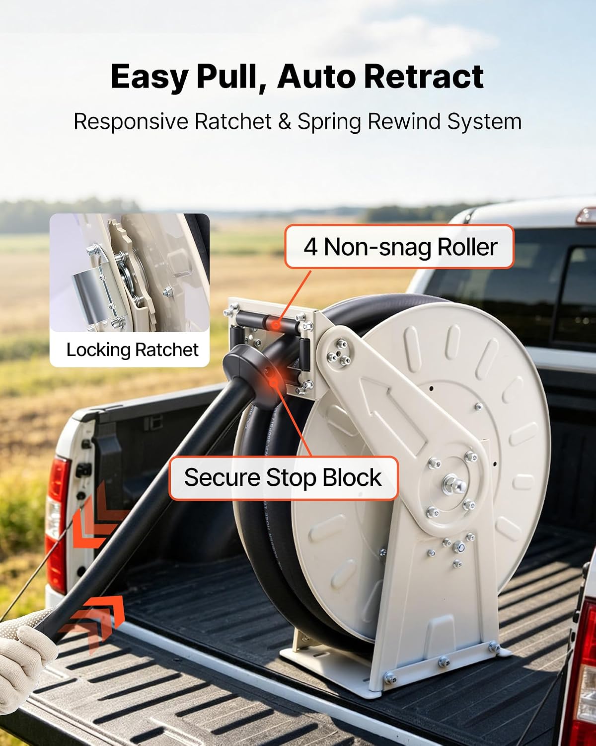 Fuel Hose Reel, 1" x 33', Extra Long Retractable Diesel Hose Reel, Heavy-Duty Carbon Steel Construction with Automatic Fuel Nozzle, NBR Rubber Hose for Aircraft Ship Vehicle Tank Truck, 300 PSI