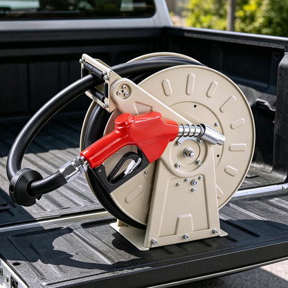 Fuel Hose Reel, 1" x 33', Extra Long Retractable Diesel Hose Reel, Heavy-Duty Carbon Steel Construction with Automatic Fuel Nozzle, NBR Rubber Hose for Aircraft Ship Vehicle Tank Truck, 300 PSI