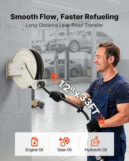 Fuel Hose Reel, 1" x 33', Extra Long Retractable Diesel Hose Reel, Heavy-Duty Carbon Steel Construction with Automatic Fuel Nozzle, NBR Rubber Hose for Aircraft Ship Vehicle Tank Truck, 300 PSI