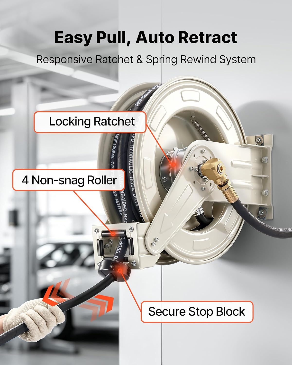 Fuel Hose Reel, 1" x 33', Extra Long Retractable Diesel Hose Reel, Heavy-Duty Carbon Steel Construction with Automatic Fuel Nozzle, NBR Rubber Hose for Aircraft Ship Vehicle Tank Truck, 300 PSI