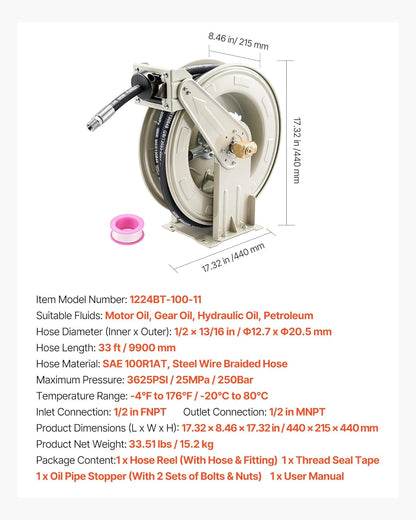 Fuel Hose Reel, 1" x 33', Extra Long Retractable Diesel Hose Reel, Heavy-Duty Carbon Steel Construction with Automatic Fuel Nozzle, NBR Rubber Hose for Aircraft Ship Vehicle Tank Truck, 300 PSI
