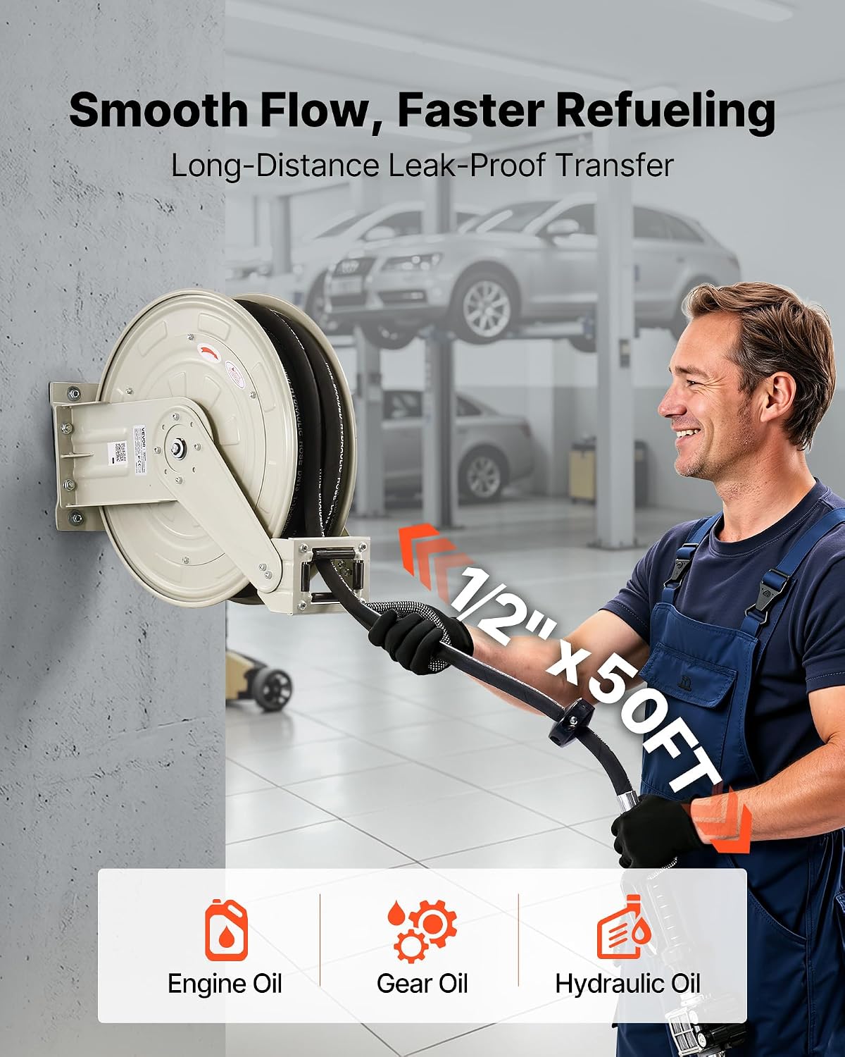 Fuel Hose Reel, 1" x 33', Extra Long Retractable Diesel Hose Reel, Heavy-Duty Carbon Steel Construction with Automatic Fuel Nozzle, NBR Rubber Hose for Aircraft Ship Vehicle Tank Truck, 300 PSI
