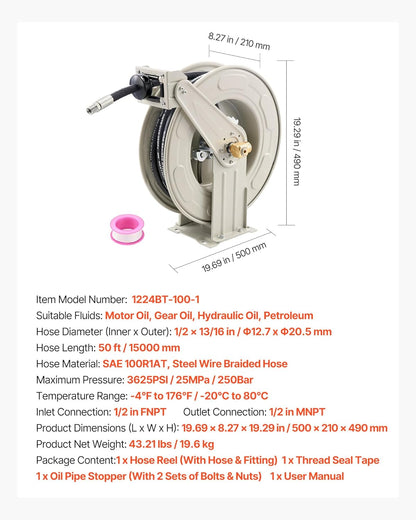 Fuel Hose Reel, 1" x 33', Extra Long Retractable Diesel Hose Reel, Heavy-Duty Carbon Steel Construction with Automatic Fuel Nozzle, NBR Rubber Hose for Aircraft Ship Vehicle Tank Truck, 300 PSI
