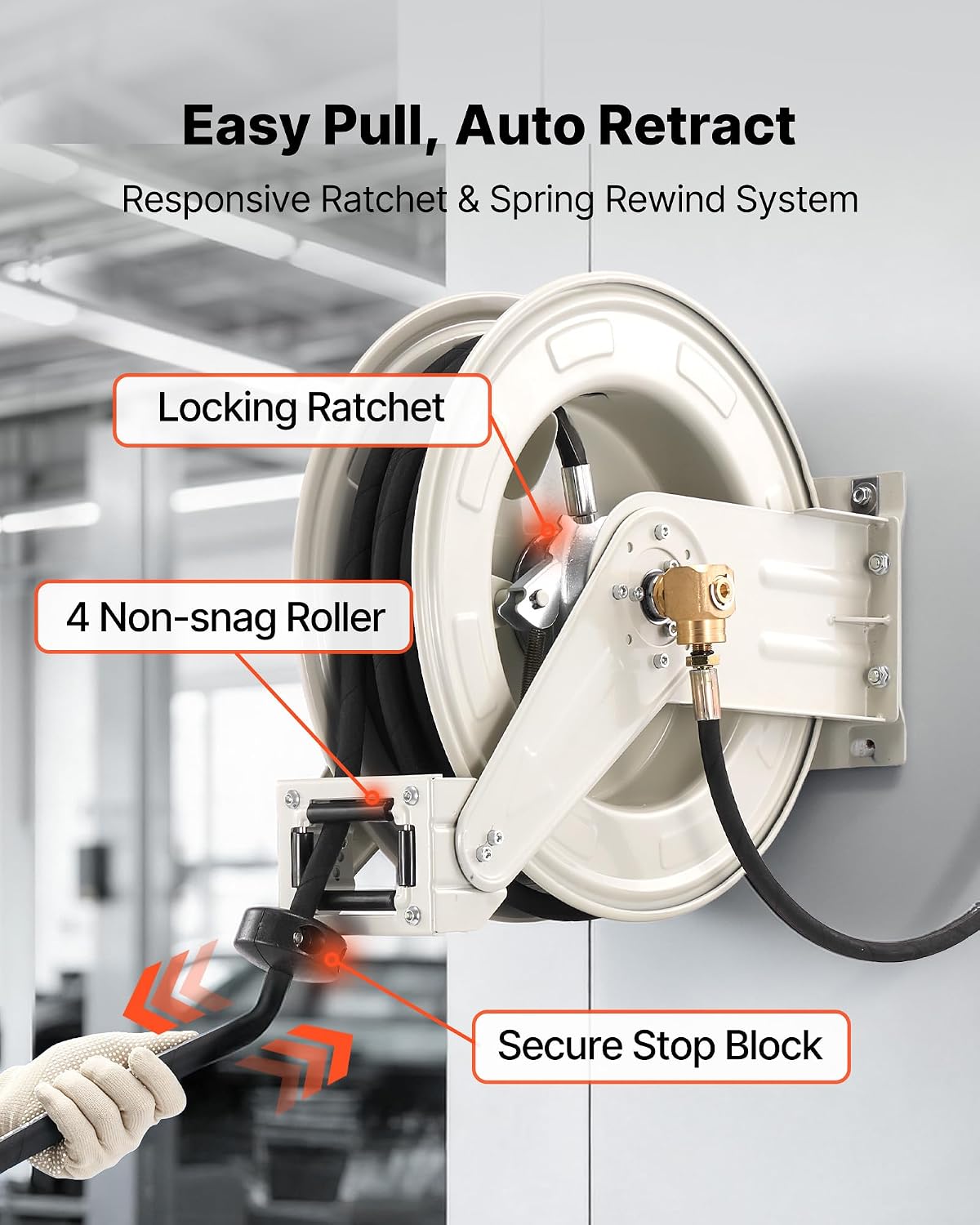 Fuel Hose Reel, 1" x 33', Extra Long Retractable Diesel Hose Reel, Heavy-Duty Carbon Steel Construction with Automatic Fuel Nozzle, NBR Rubber Hose for Aircraft Ship Vehicle Tank Truck, 300 PSI
