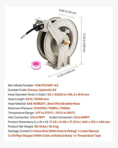 Fuel Hose Reel, 1" x 33', Extra Long Retractable Diesel Hose Reel, Heavy-Duty Carbon Steel Construction with Automatic Fuel Nozzle, NBR Rubber Hose for Aircraft Ship Vehicle Tank Truck, 300 PSI