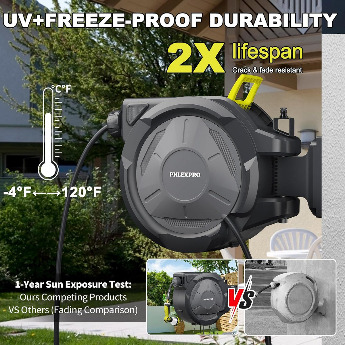 110 FT 1/2" Retractable Garden Hose Reel, Wall Mount
