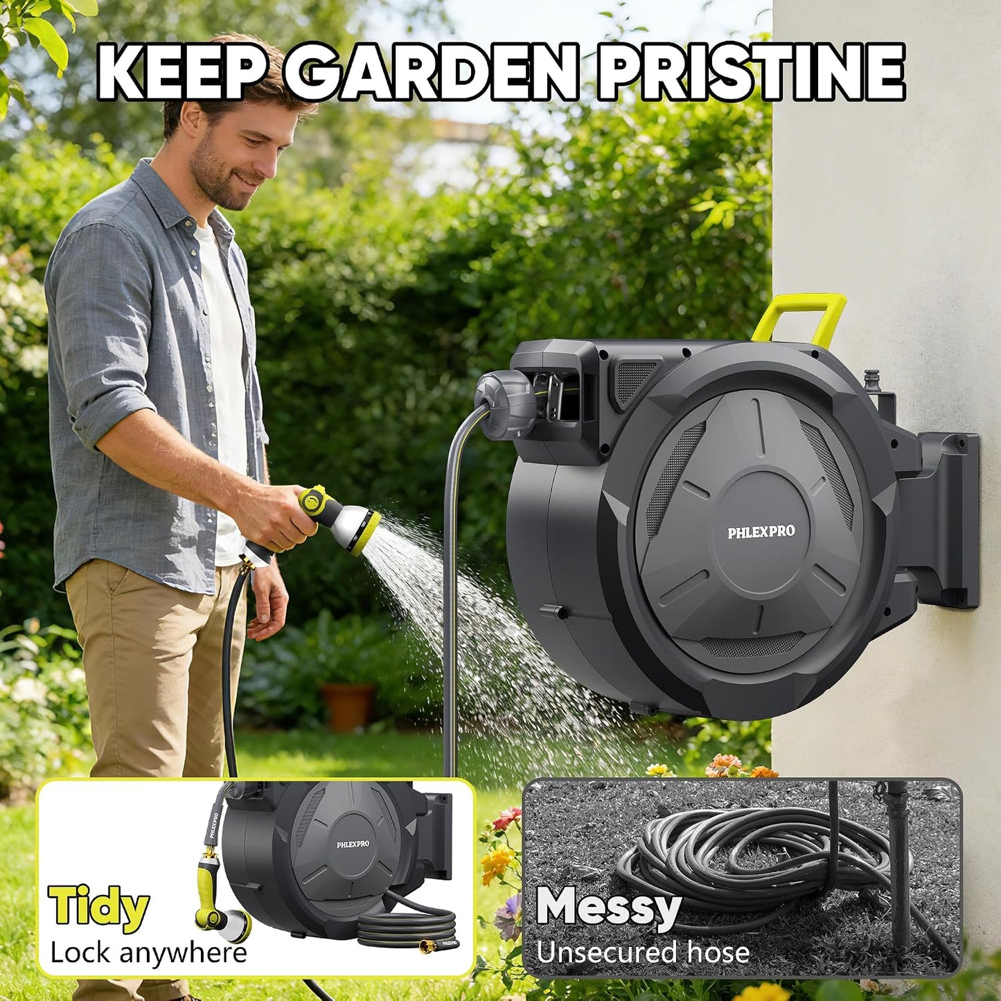 110 FT 1/2" Retractable Garden Hose Reel, Wall Mount