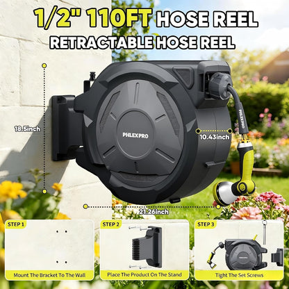 110 FT 1/2" Retractable Garden Hose Reel, Wall Mount