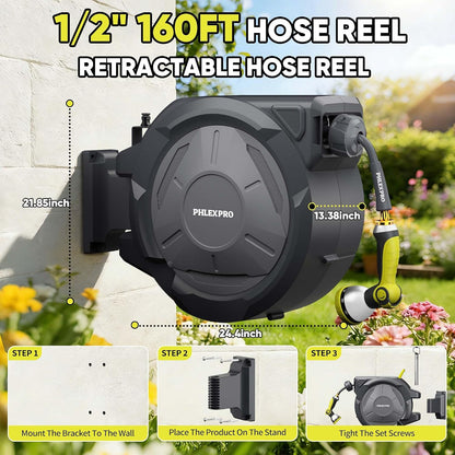110 FT 1/2" Retractable Garden Hose Reel, Wall Mount