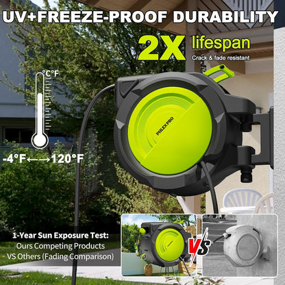 110 FT 1/2" Retractable Garden Hose Reel, Wall Mount