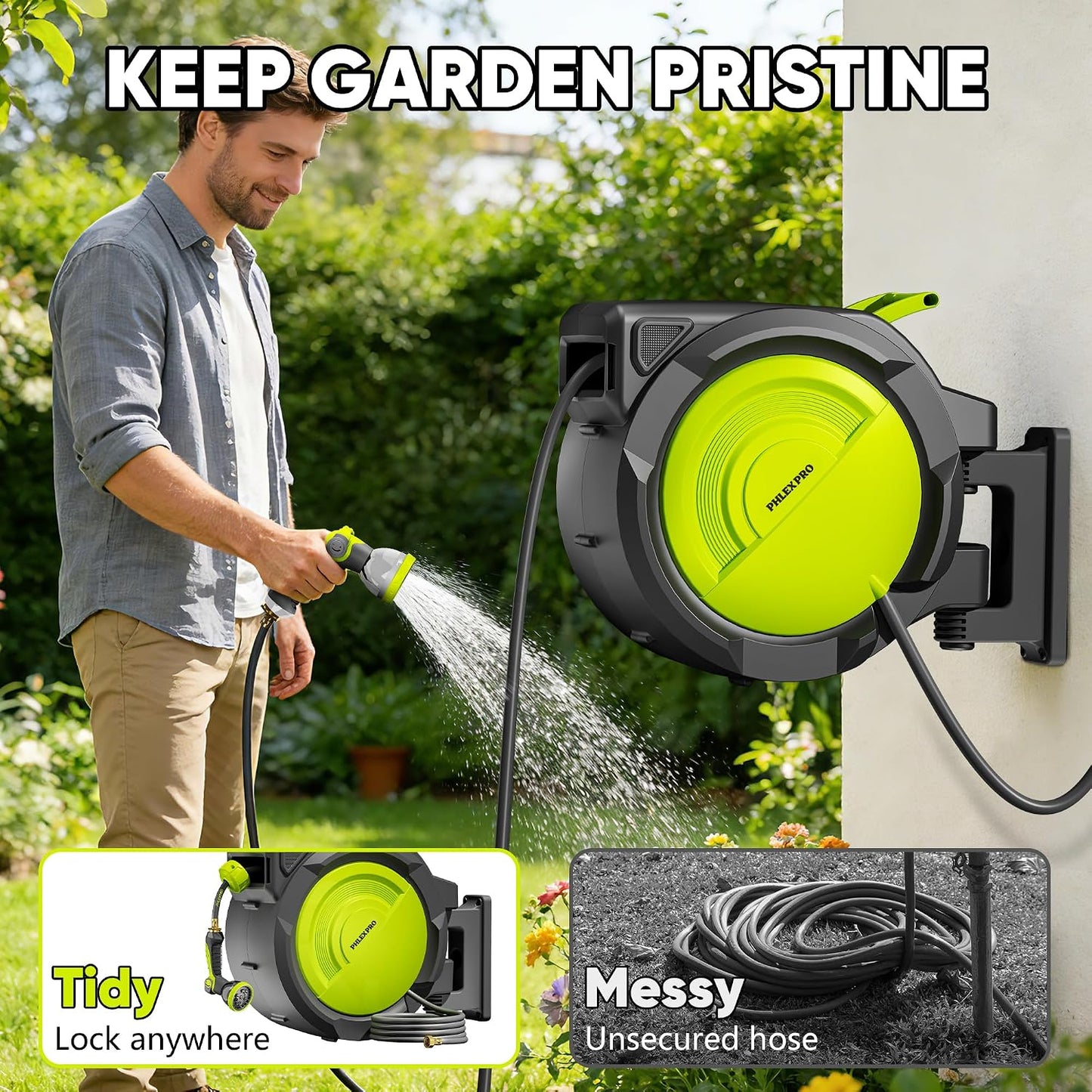 110 FT 1/2" Retractable Garden Hose Reel, Wall Mount