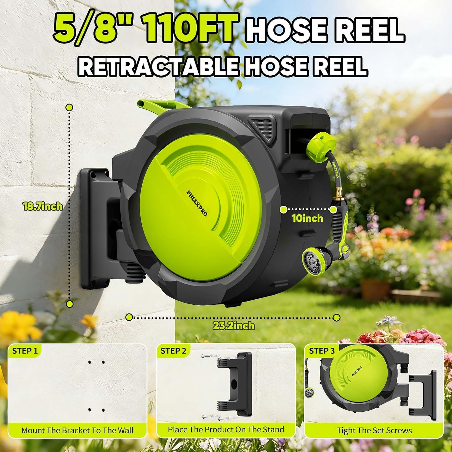 110 FT 1/2" Retractable Garden Hose Reel, Wall Mount