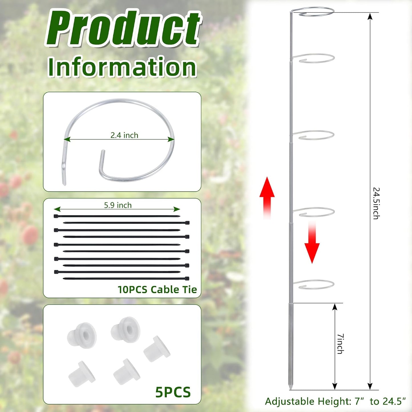 5 Pack Extendable Metal Plant Stakes, 7-24.5IN Adjustable Monstera Supports