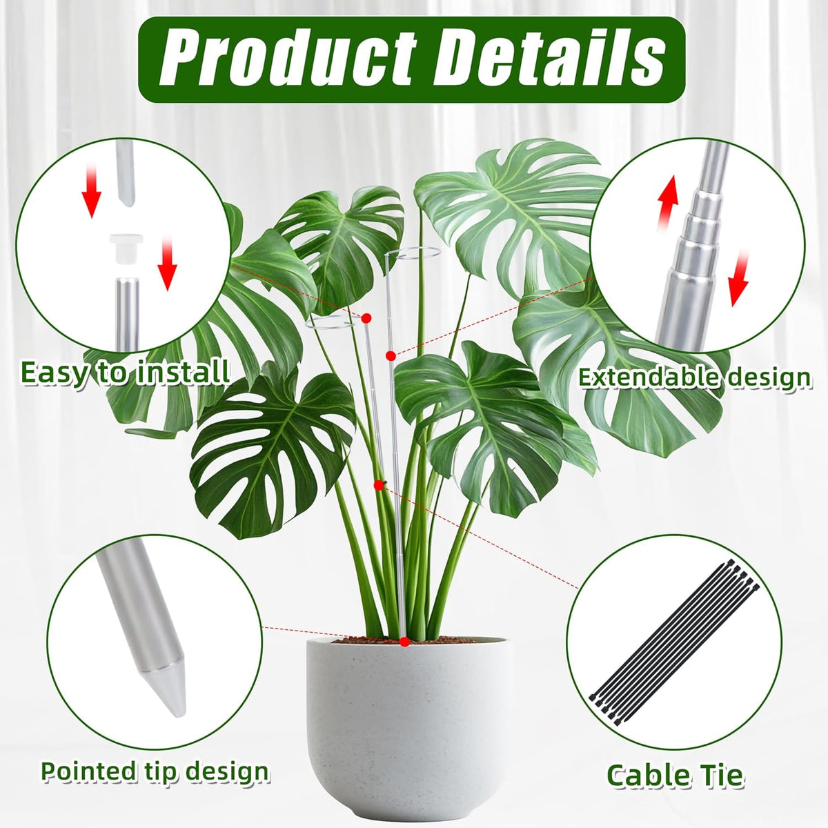 5 Pack Extendable Metal Plant Stakes, 7-24.5IN Adjustable Monstera Supports