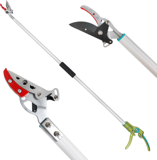 Cut & Hold Pole Pruner, 4.2 FT Lightweight Fruit Picker with 180° Rotating Handle, SK5 Steel Blade Cuts up to 1/2 Inch, Long Reach Garden Tree Trimmer & Branch Cutter for Shrubs, Bushes