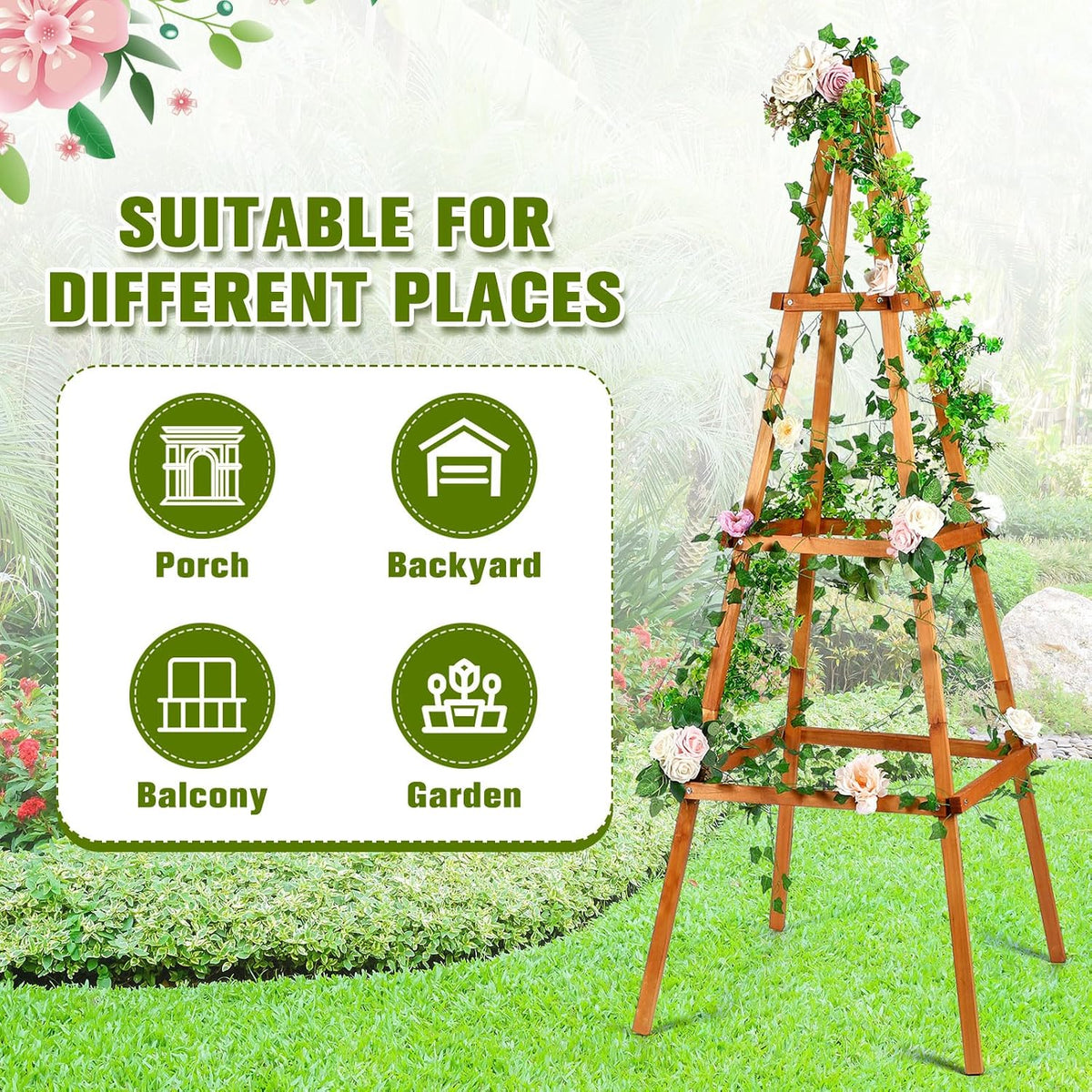 70.8in Tall Wooden Obelisk Trellis Outdoor Garden Trellises Easy Assembly Climbing Plant Support for Climbing Plants Porch Balcony Backyard Flowers Trailing Vegetables