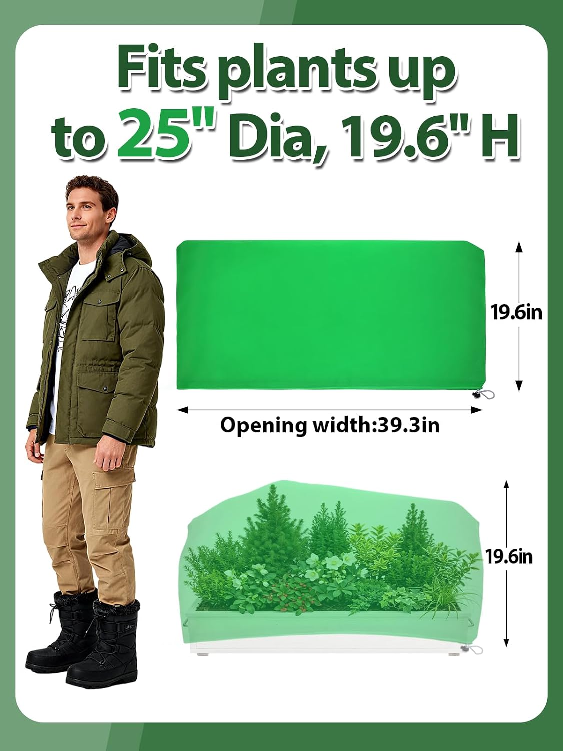 3 Pcs Plant Covers Freeze Protection - 19.6in x 39.3in Winter Shrub Plant Protection Bags, Frost Blankets Cloths with Drawstring for Outdoor Garden Rose Bush Plants, Green