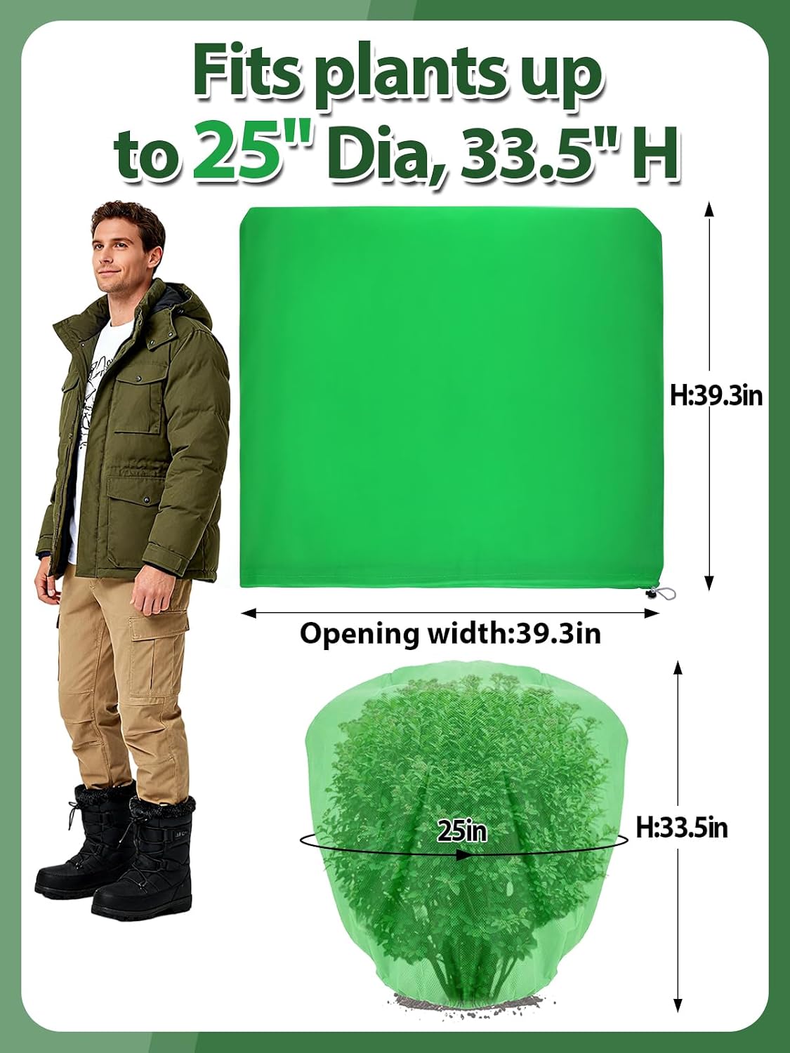 3 Pcs Plant Covers Freeze Protection - 19.6in x 39.3in Winter Shrub Plant Protection Bags, Frost Blankets Cloths with Drawstring for Outdoor Garden Rose Bush Plants, Green