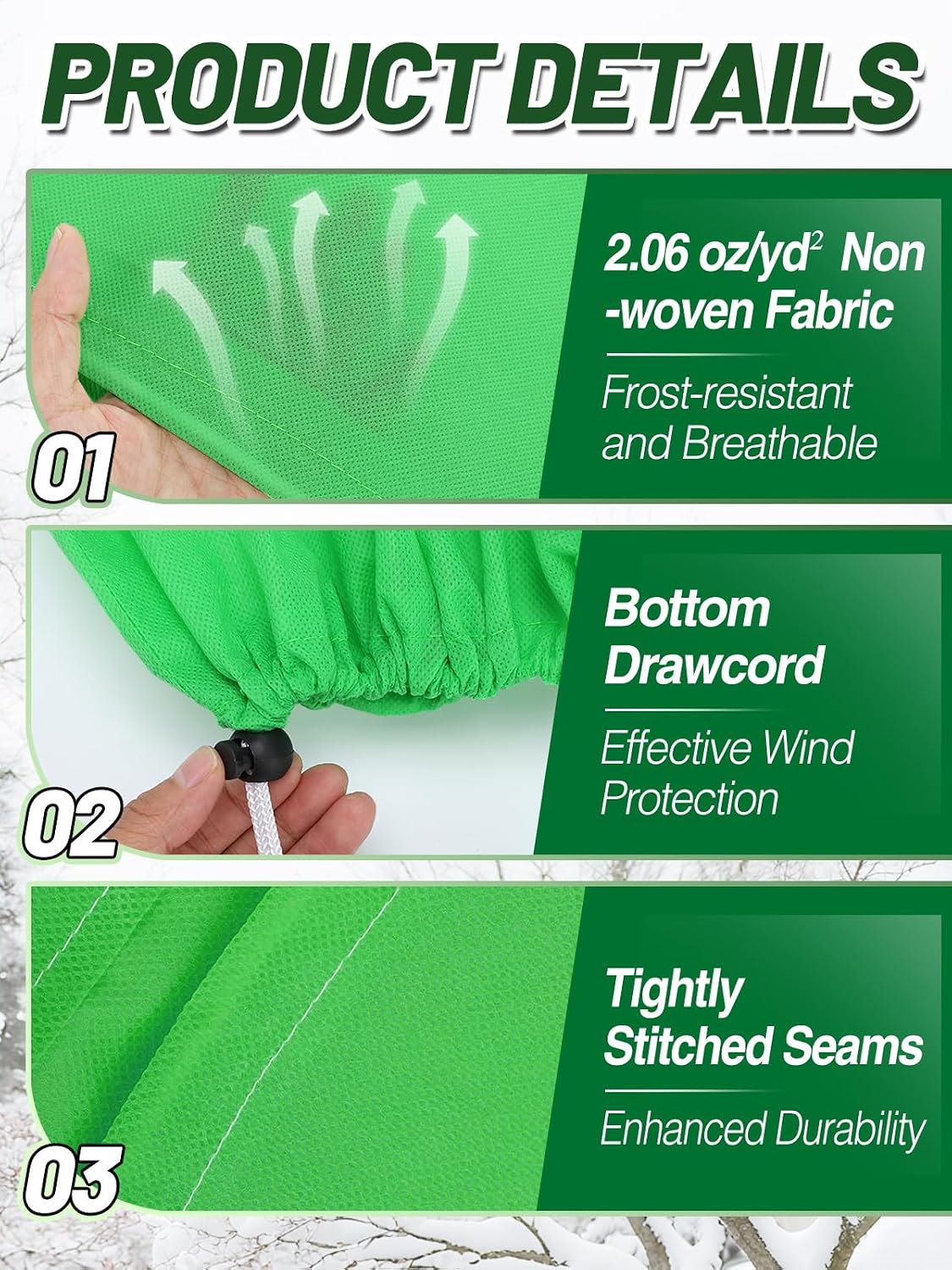 3 Pcs Plant Covers Freeze Protection - 19.6in x 39.3in Winter Shrub Plant Protection Bags, Frost Blankets Cloths with Drawstring for Outdoor Garden Rose Bush Plants, Green