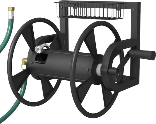 Garden Wall Mounted Hose Reel, Outdoor Heavy-Duty Water Hose Holder Winder, Holds 125 Feet of 5/8-Inch Hose, with 3.9 ft Leader Hose, Water Fitting and Storage Basket for Yard, Black