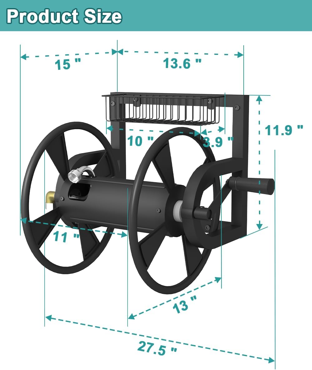 Garden Wall Mounted Hose Reel, Outdoor Heavy-Duty Water Hose Holder Winder, Holds 125 Feet of 5/8-Inch Hose, with 3.9 ft Leader Hose, Water Fitting and Storage Basket for Yard, Black