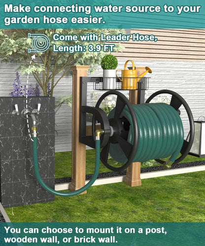 Garden Wall Mounted Hose Reel, Outdoor Heavy-Duty Water Hose Holder Winder, Holds 125 Feet of 5/8-Inch Hose, with 3.9 ft Leader Hose, Water Fitting and Storage Basket for Yard, Black