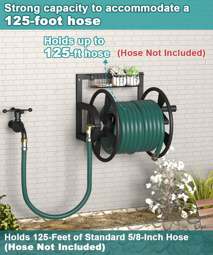 Garden Wall Mounted Hose Reel, Outdoor Heavy-Duty Water Hose Holder Winder, Holds 125 Feet of 5/8-Inch Hose, with 3.9 ft Leader Hose, Water Fitting and Storage Basket for Yard, Black