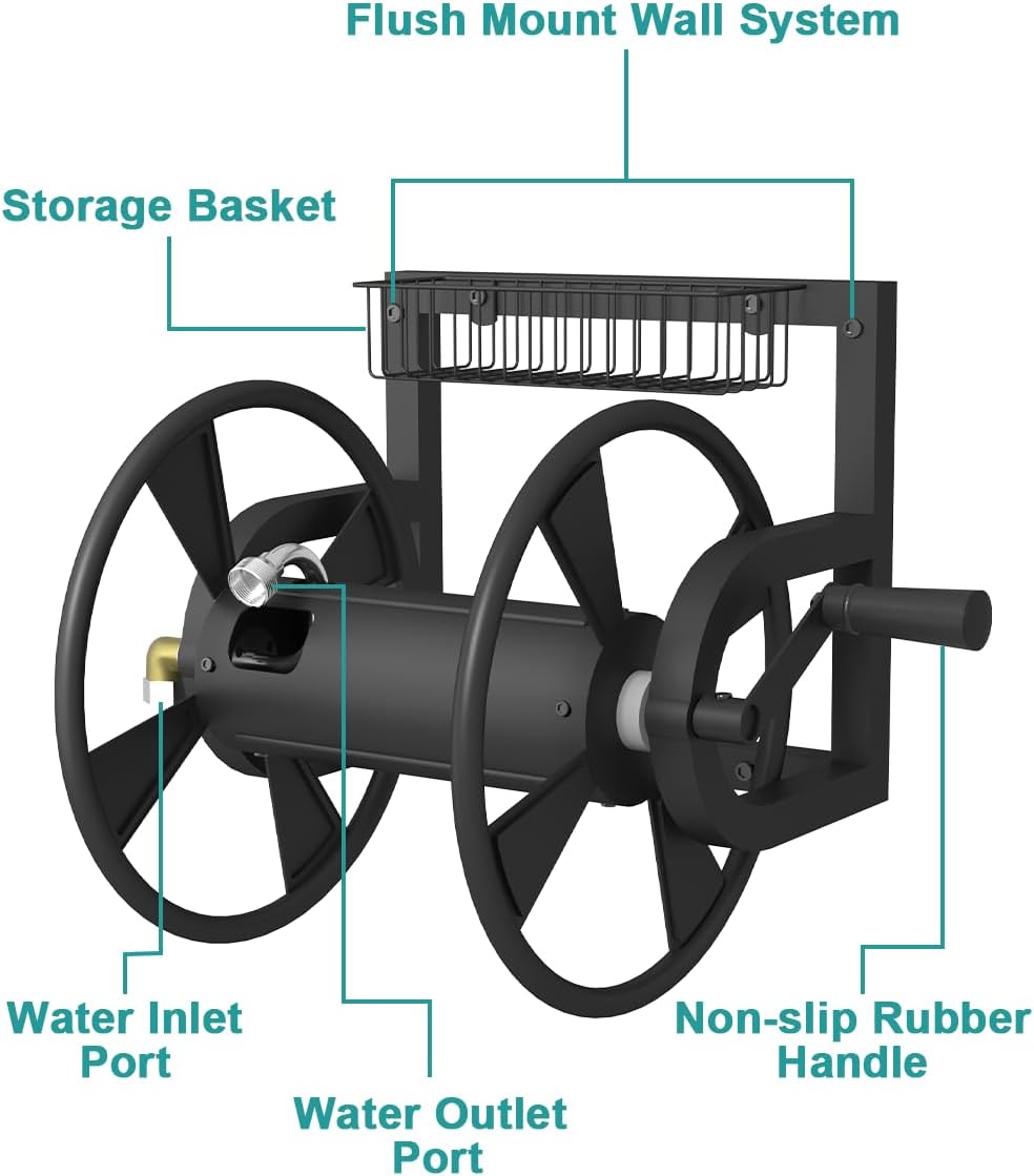 Garden Wall Mounted Hose Reel, Outdoor Heavy-Duty Water Hose Holder Winder, Holds 125 Feet of 5/8-Inch Hose, with 3.9 ft Leader Hose, Water Fitting and Storage Basket for Yard, Black