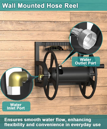 Garden Wall Mounted Hose Reel, Outdoor Heavy-Duty Water Hose Holder Winder, Holds 125 Feet of 5/8-Inch Hose, with 3.9 ft Leader Hose, Water Fitting and Storage Basket for Yard, Black