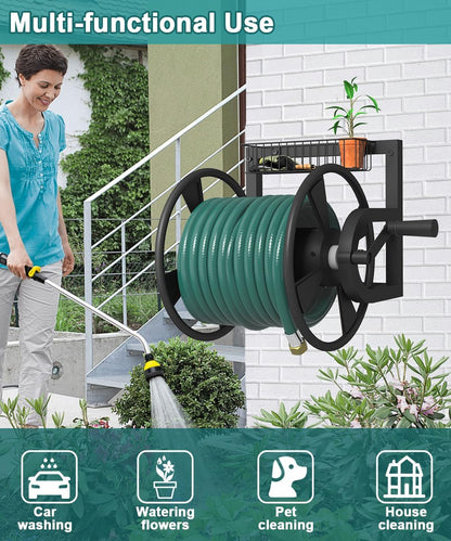 Garden Wall Mounted Hose Reel, Outdoor Heavy-Duty Water Hose Holder Winder, Holds 125 Feet of 5/8-Inch Hose, with 3.9 ft Leader Hose, Water Fitting and Storage Basket for Yard, Black