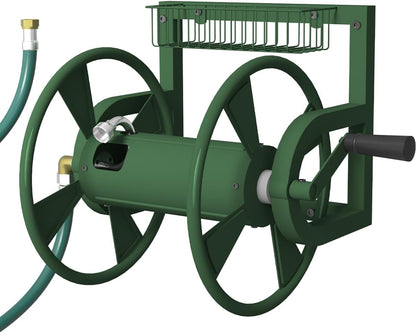 Garden Wall Mounted Hose Reel, Outdoor Heavy-Duty Water Hose Holder Winder, Holds 125 Feet of 5/8-Inch Hose, with 3.9 ft Leader Hose, Water Fitting and Storage Basket for Yard, Black