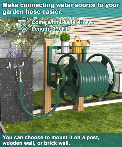 Garden Wall Mounted Hose Reel, Outdoor Heavy-Duty Water Hose Holder Winder, Holds 125 Feet of 5/8-Inch Hose, with 3.9 ft Leader Hose, Water Fitting and Storage Basket for Yard, Black