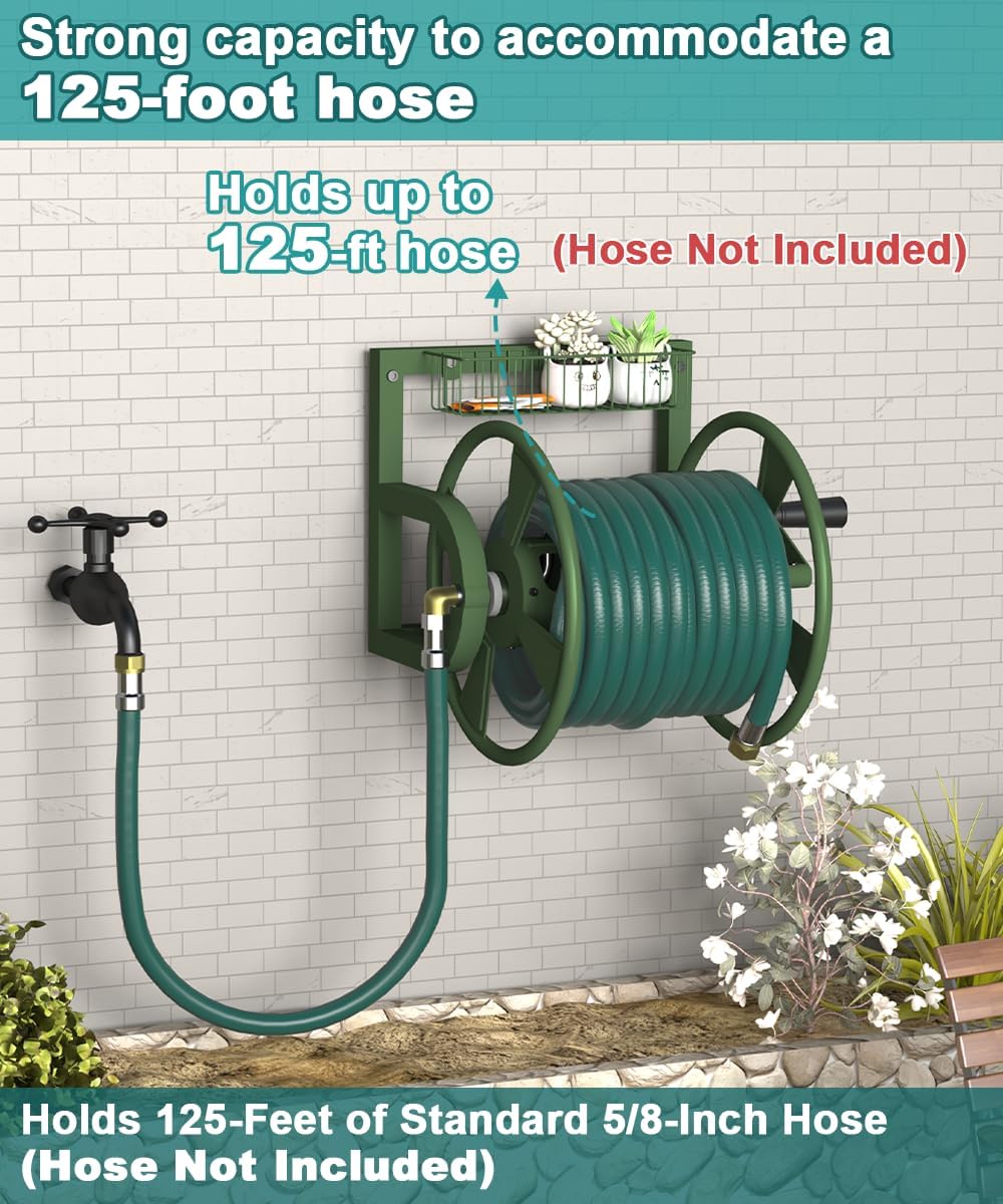 Garden Wall Mounted Hose Reel, Outdoor Heavy-Duty Water Hose Holder Winder, Holds 125 Feet of 5/8-Inch Hose, with 3.9 ft Leader Hose, Water Fitting and Storage Basket for Yard, Black