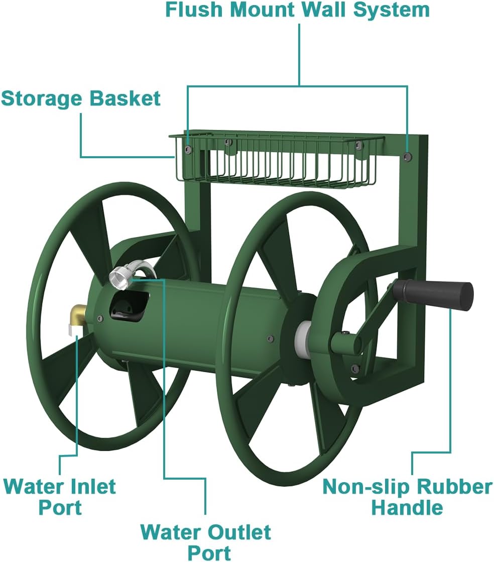 Garden Wall Mounted Hose Reel, Outdoor Heavy-Duty Water Hose Holder Winder, Holds 125 Feet of 5/8-Inch Hose, with 3.9 ft Leader Hose, Water Fitting and Storage Basket for Yard, Black