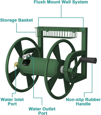 Garden Wall Mounted Hose Reel, Outdoor Heavy-Duty Water Hose Holder Winder, Holds 125 Feet of 5/8-Inch Hose, with 3.9 ft Leader Hose, Water Fitting and Storage Basket for Yard, Black