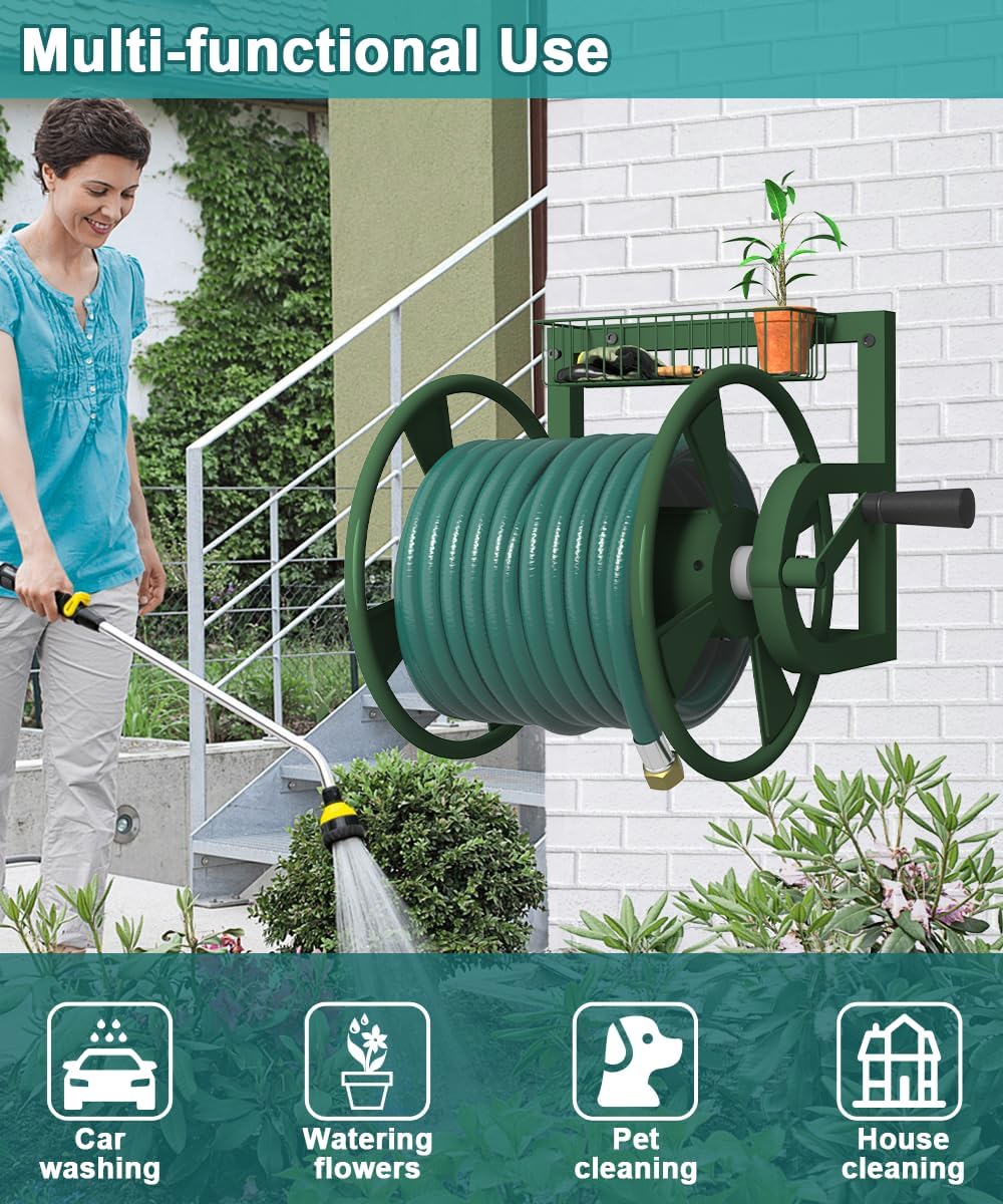 Garden Wall Mounted Hose Reel, Outdoor Heavy-Duty Water Hose Holder Winder, Holds 125 Feet of 5/8-Inch Hose, with 3.9 ft Leader Hose, Water Fitting and Storage Basket for Yard, Black