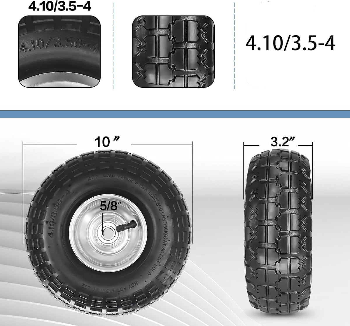 10" Pneumatic Air Filled Heavy-Duty 4.10/3.50-4 Replacement Tire and Wheel with 5/8" Axle Bore Hole for Trolley Dolly/Garden Wagon Carts/Hand Truck/Lawn Mower/Hose Reel Cart