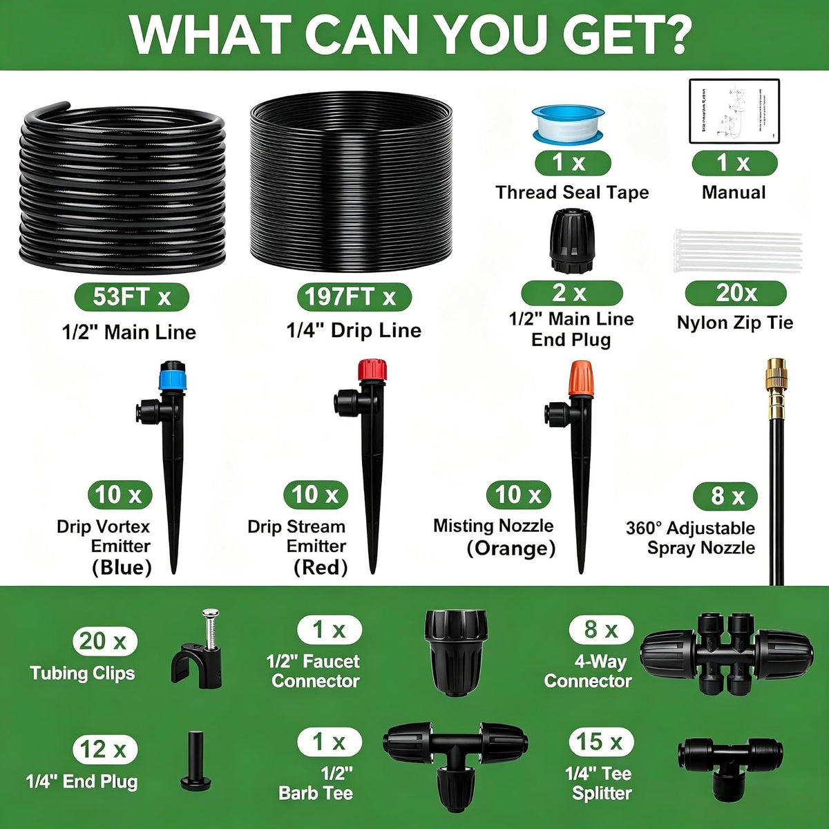 230FT Drip Irrigation System for Garden with 38pcs Adjustable Copper Nozzles & Emitters, Automatic Garden Watering System with 1/2" & 1/4" Tubing for Raised Bed, Yard, Greenhouse, Potted Plants, Lawn