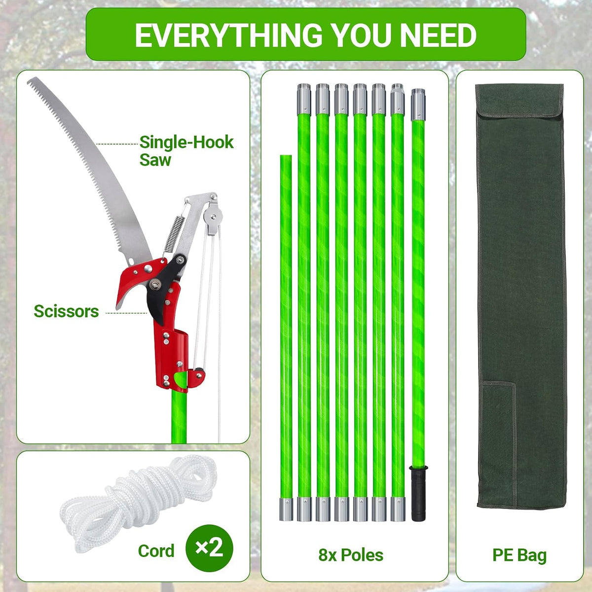 26 Feet Tree Pole Pruner Manual Branches Trimmer Pole Set Extension Cut Tree Branch Garden Tools Loppers Hand Pole Saws (10PCS)