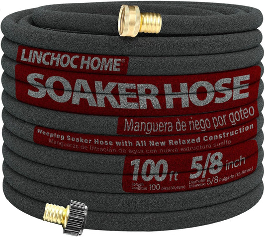 Soaker Hose 100FT 5/8 Inch with Solid Brass Connectors & Garden Stakes Kit, High Capacity Irrigation System for Large Gardens