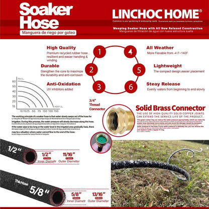 Soaker Hose 100FT 5/8 Inch with Solid Brass Connectors & Garden Stakes Kit, High Capacity Irrigation System for Large Gardens