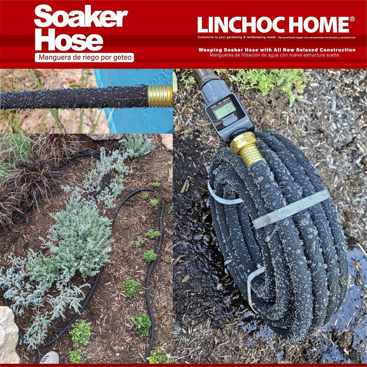 Soaker Hose 100FT 5/8 Inch with Solid Brass Connectors & Garden Stakes Kit, High Capacity Irrigation System for Large Gardens