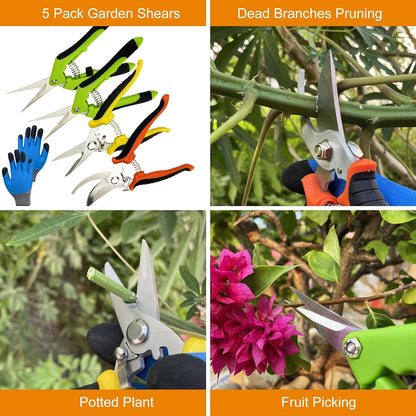 Pruning Shears, 5 Pack Garden Shears with Gardening gloves, Clippers Handheld, Stainless Steel Garden Snips, Pruners for Gardening
